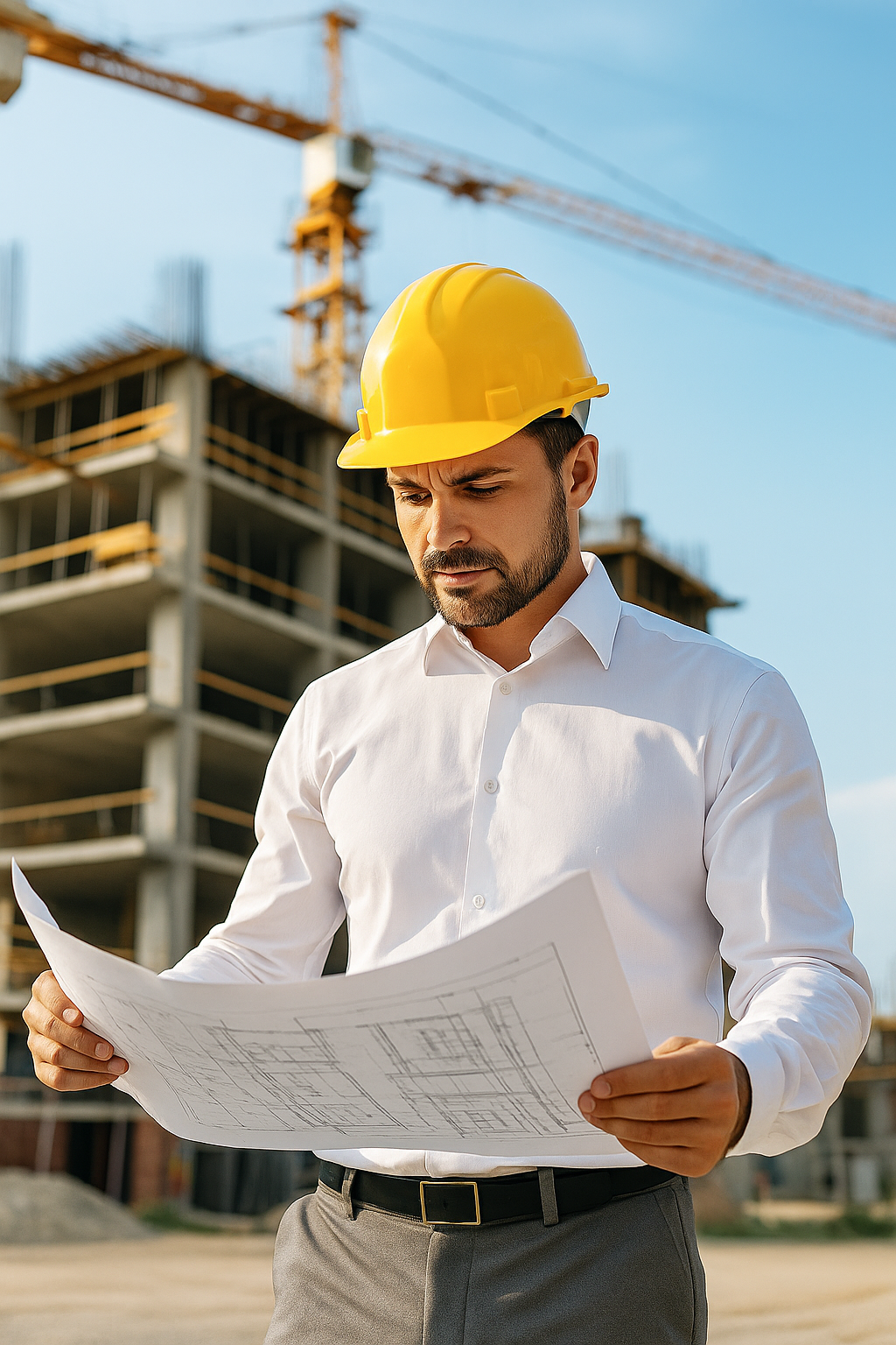 Ingeniero revisando planos en obra